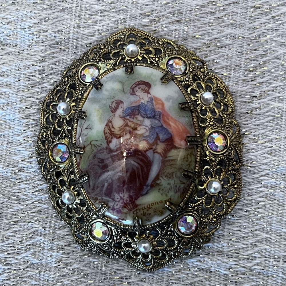 Vintage Hand Painted Gold Tone Brooch / Pin with Pearls and Crystals